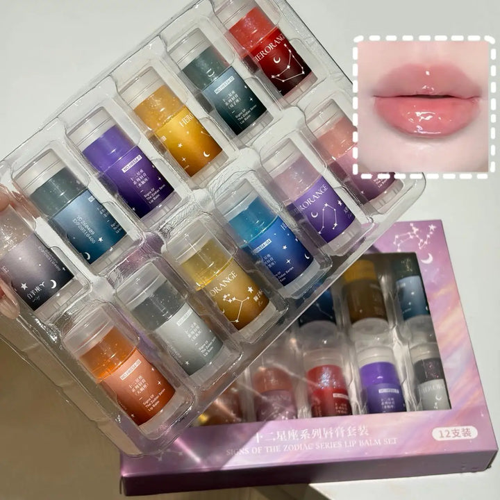Herorange 12 Zodiac Lip Balm Set, Glitter Hydrating Gloss Oil, Moist Shiny Lip Tint Kit Daily Girly Lip Gift Pack