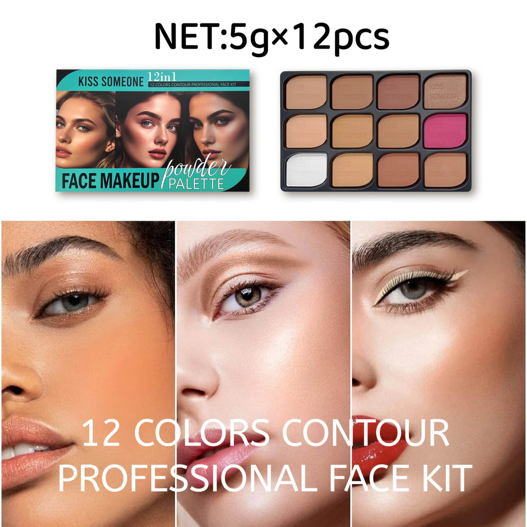12 Colors Contour Palette，Blush Highlighter Bronzer Powder All in one Makeup Palettes，Blendable Matte Shimmer Illuminator Palett