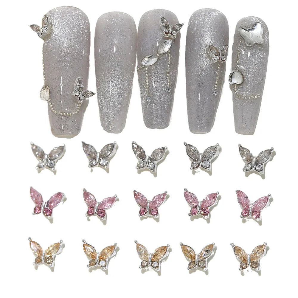 10pcs Mini 4*5mm Crystal Butterfly Nail Art Charms 3D Diamond Jewelry Parts Pink Clear Metal Manicure Decoation Rhinestones Gems