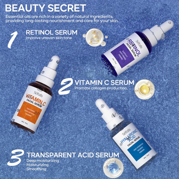 Séfralls Hyaluronic Acid VC  Essence Set 30ml*3pcs With Vitamin-C Vitamin-A and Hyaluronic Acid Serum For Glistening, Firming Hy