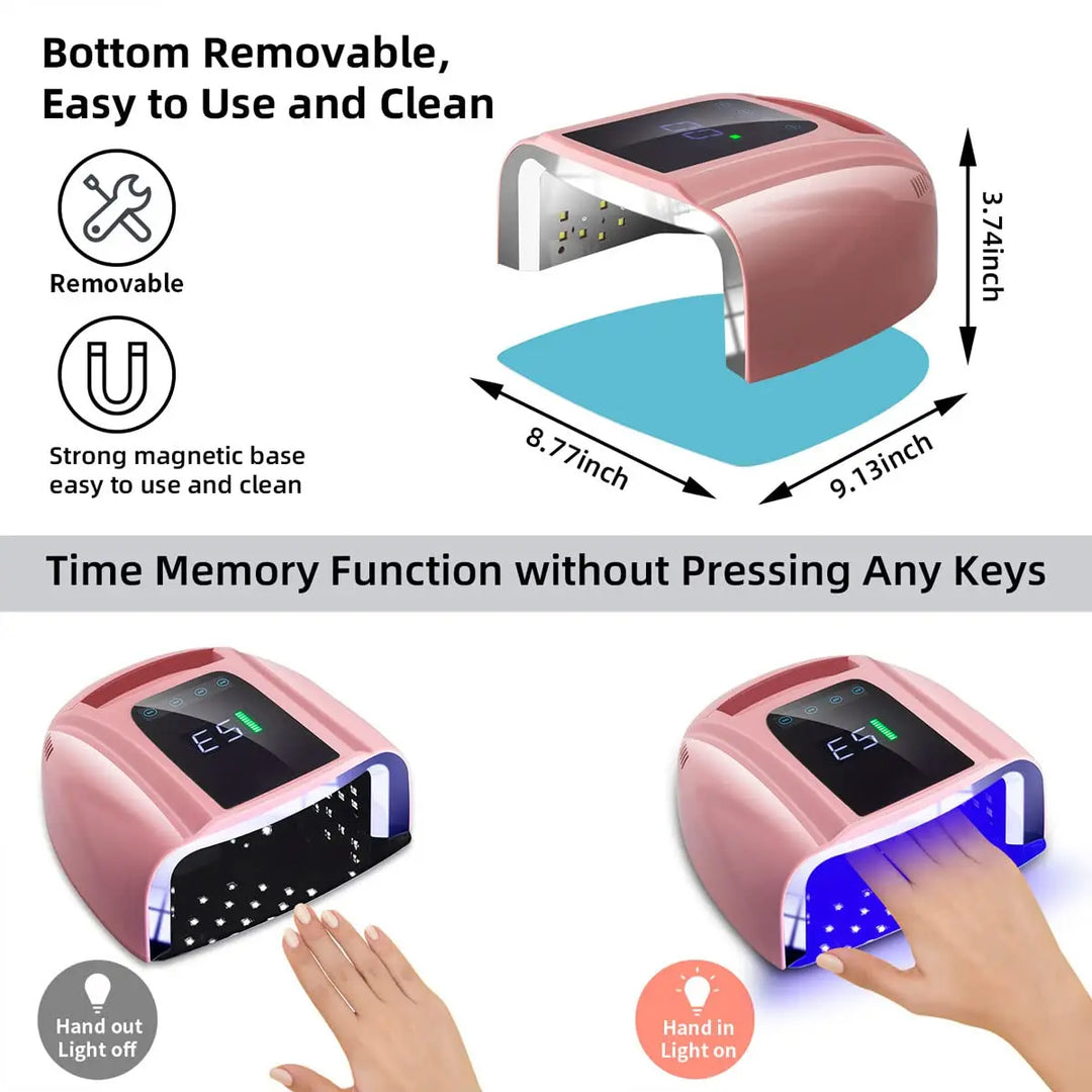 96W Cordless UV LED Nail Lamp with Auto Sensor, Removable Stainless Steel Bottom for Quick Dry Fingernails and Toenails in Pink