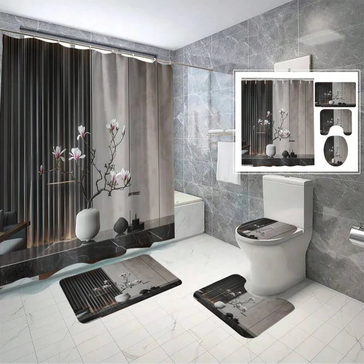 modern Pattern Printed Bathroom Set, Including Shower Curtain, Toilet Lid Cover & U-Shaped Mat,Bathroom Accessories