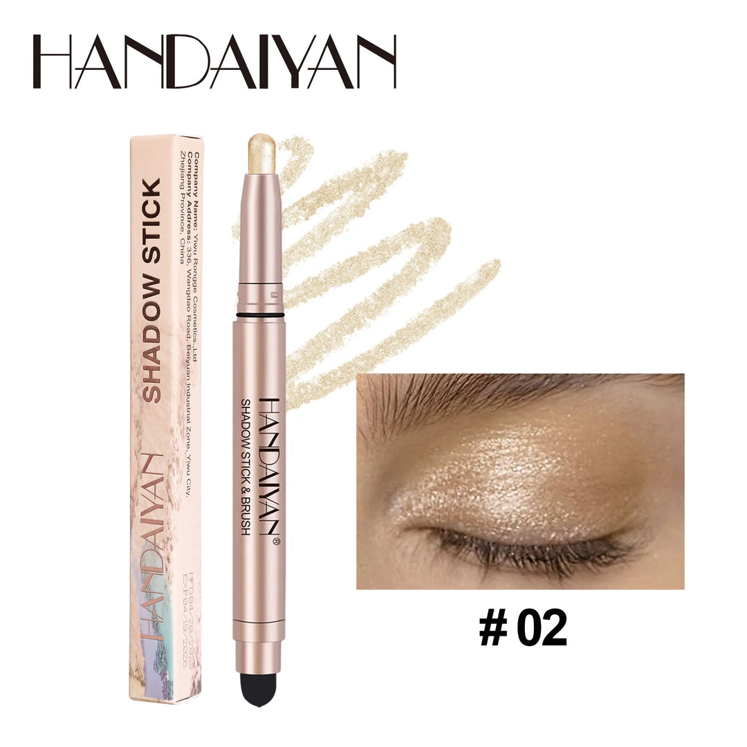 12 Colors Waterproof Eyeshadow Stick Long Lasting Metallic Shimmer Highlighter Cream Pen with Brush Double Head