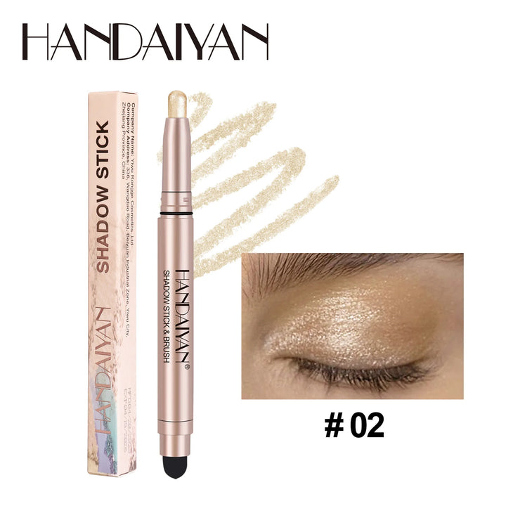12 Colors Waterproof Eyeshadow Stick Long Lasting Metallic Shimmer Highlighter Cream Pen with Brush Double Head