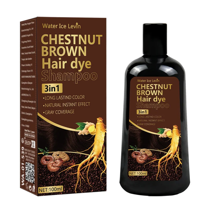 Water Ice Levin 3-in-1 Chestnut Brown Hair Dye Shampoo with Ginger & Ginseng for Instant Gray Coverage & Long-Lasting Color