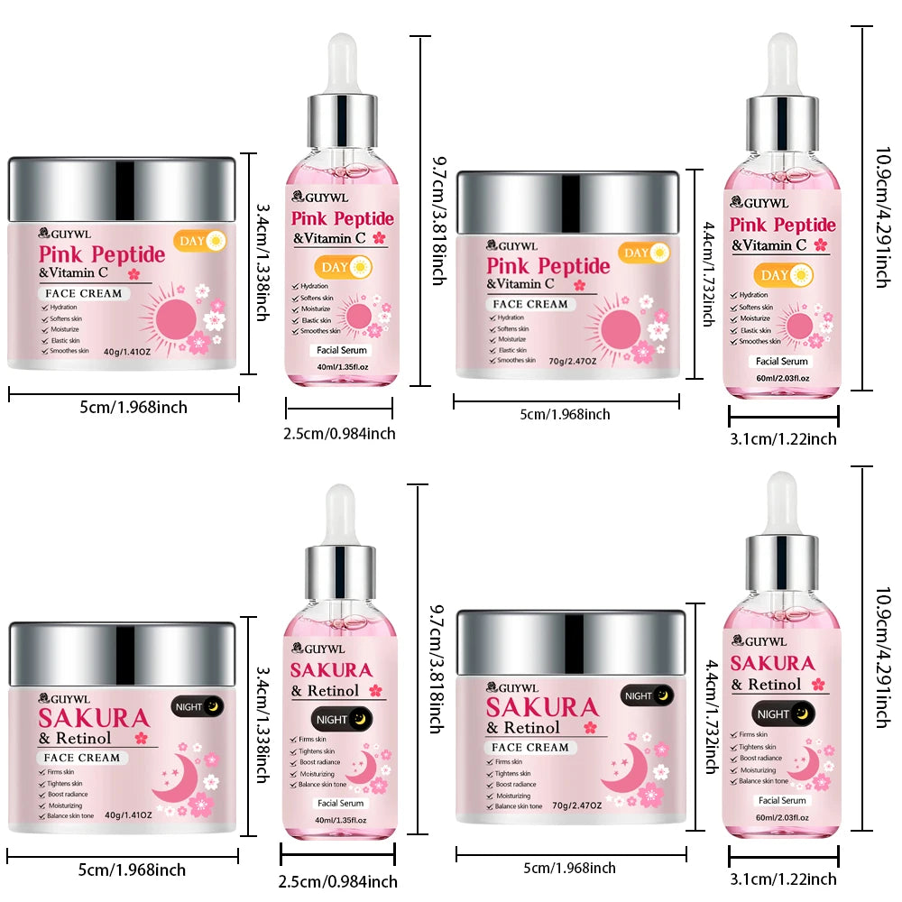 GUYWL Pink Peptide & Vitamin C Sakura & Retinol Facial Cream & Serum Set Day Night Care Combination with Niacinamide Hyaluronic