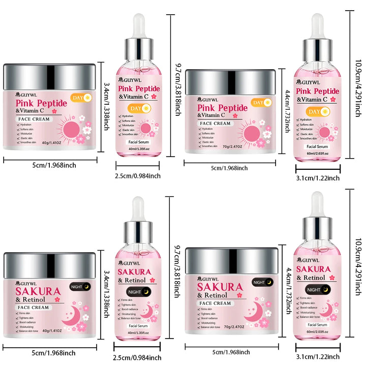 GUYWL Pink Peptide & Vitamin C Sakura & Retinol Facial Cream & Serum Set Day Night Care Combination with Niacinamide Hyaluronic