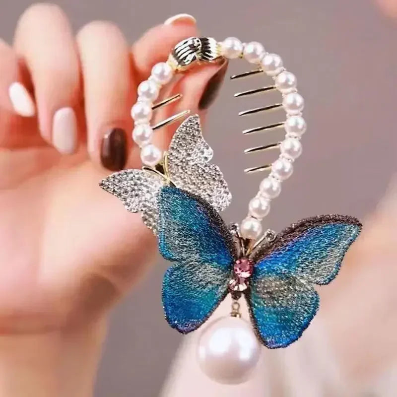 Blue Red Butterfly Bun Ponytail Buckle Holder Hair Clips Elegant Hairpin Hanging Pearl Tassel High Ponytail Hair Claw for Women