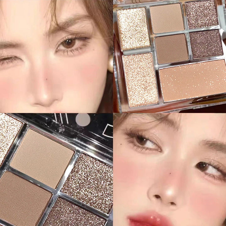 Seven-color eyeshadow palette in earth tones with shimmer, glitter, matte, and pearl finishes, waterproof, and playful