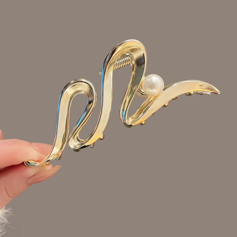Korean Style Gold Silver Color Big Metal Pearl Waves Geometric Hair Claw for Women Accessories Crab Clamp Clip Headwear Jewelry