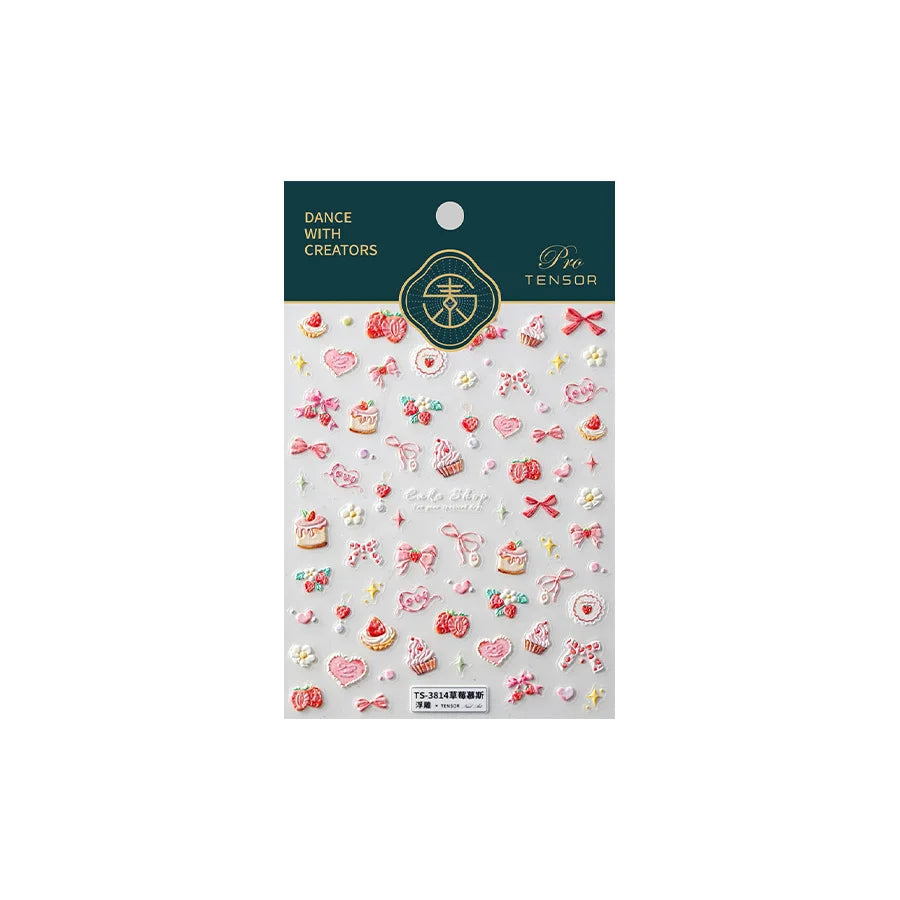 Nail Art Stickers Cute Manicure Decals Lovely Strawberry Muffin Cream Cake Ice Cream Bowknot 5D Embossed Reliefs Self Adhesive