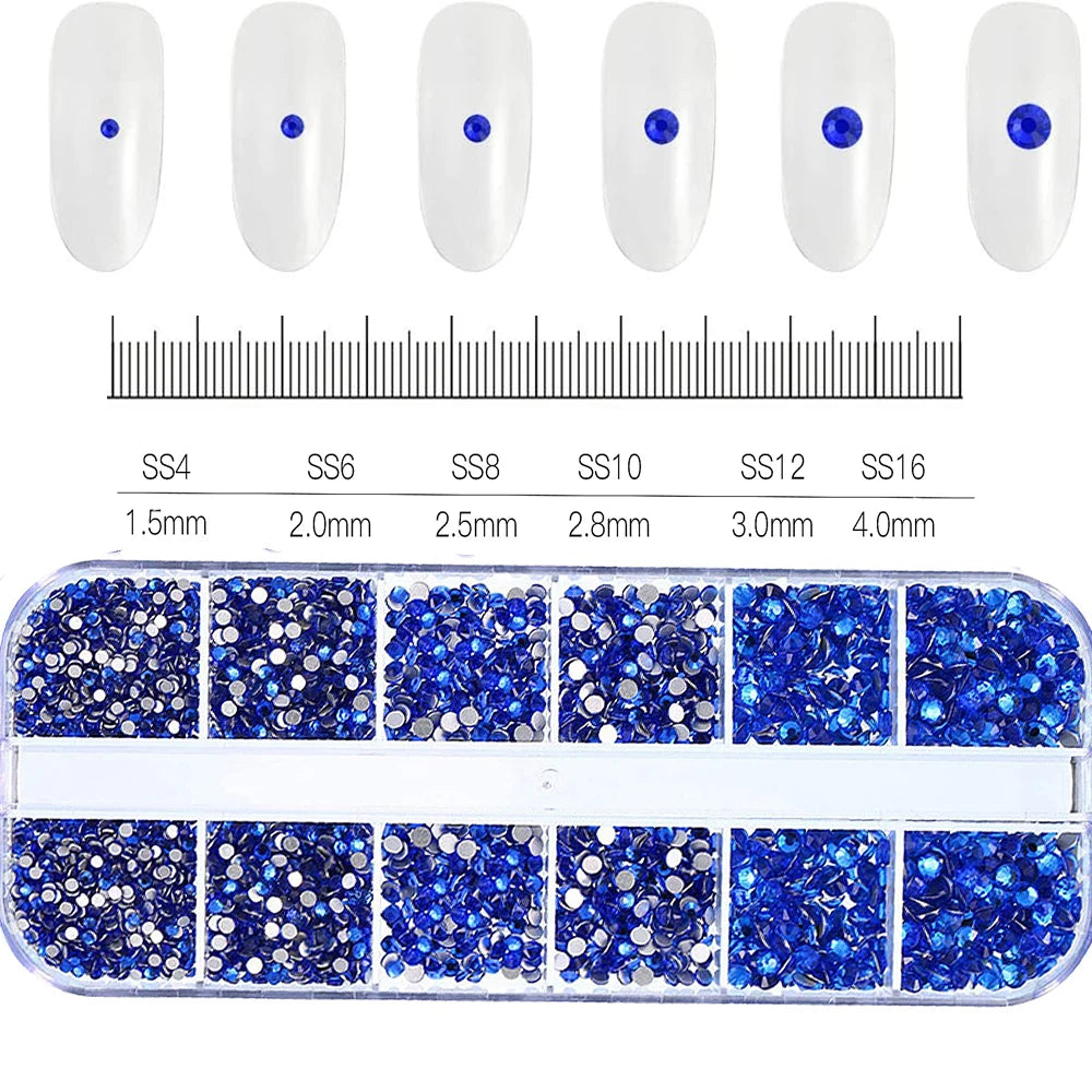 1.5mm-5mm Champagne Glass Crystal Nail Art Gems 12grids Flatback SS4-SS16 Mixed Nail Art Rhinestone Non-Hotfix Diamond Nail Deco