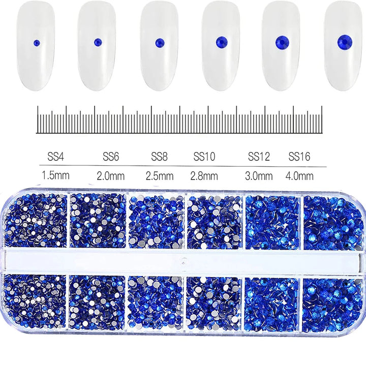 1.5mm-5mm Champagne Glass Crystal Nail Art Gems 12grids Flatback SS4-SS16 Mixed Nail Art Rhinestone Non-Hotfix Diamond Nail Deco