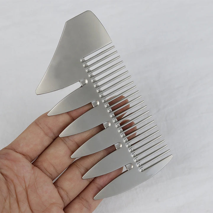 1 portable men's metal stainless steel double-sided comb with wide teeth and fine teeth, portable comb salon shaped comb