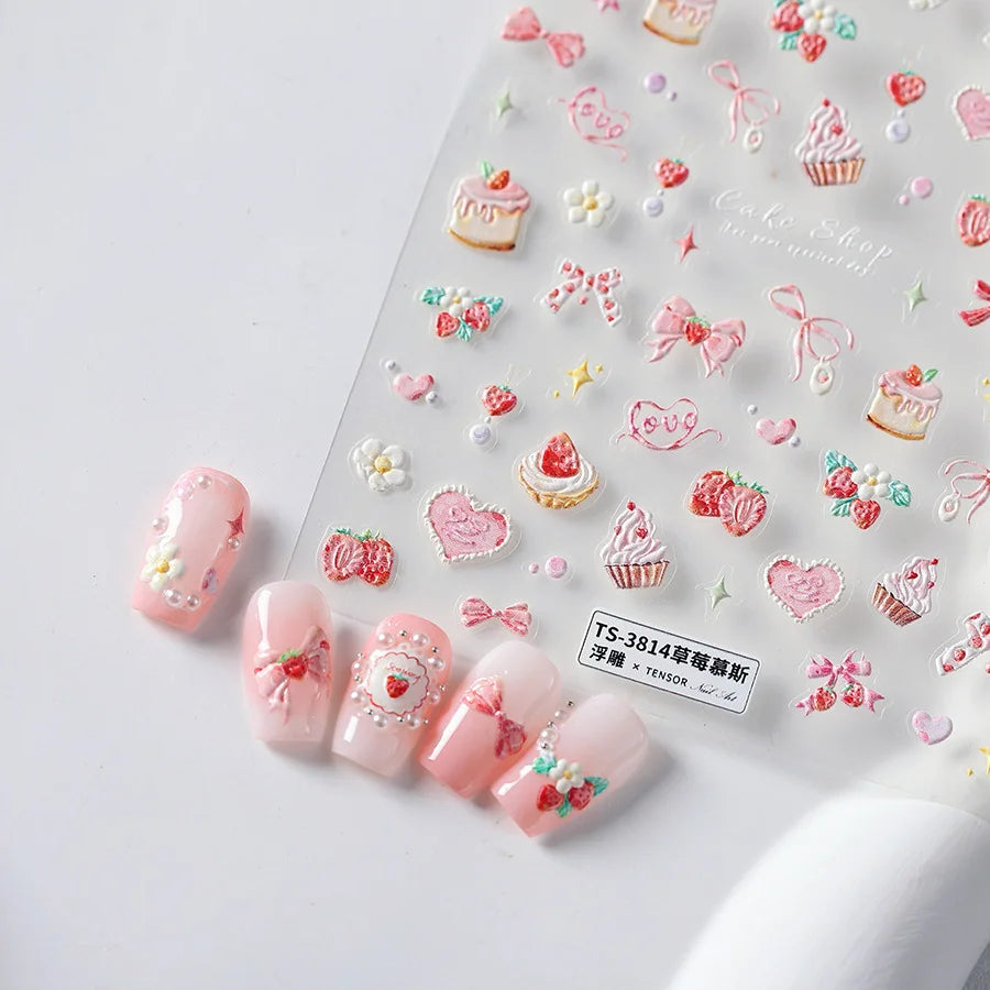 Nail Art Stickers Cute Manicure Decals Lovely Strawberry Muffin Cream Cake Ice Cream Bowknot 5D Embossed Reliefs Self Adhesive