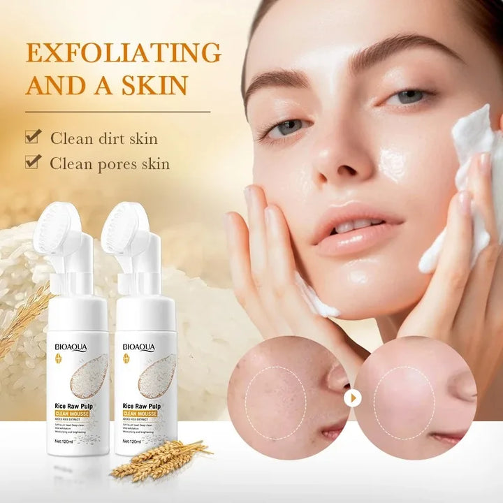 120ml Bioaoua Rice Puree Foaming Cleanser Cleansing Mousse Soothing Cleanser, Cleansing Foam with Brush Head