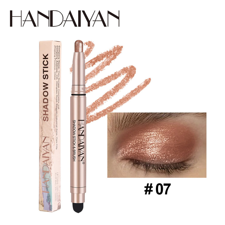 12 Colors Waterproof Eyeshadow Stick Long Lasting Metallic Shimmer Highlighter Cream Pen with Brush Double Head