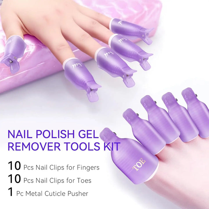 Makartt Gel Nail Polish Remover Clips Kit,With Double Ended Metal Cuticle Pusher,20 pcs Plastic Resuable Finger and Toe