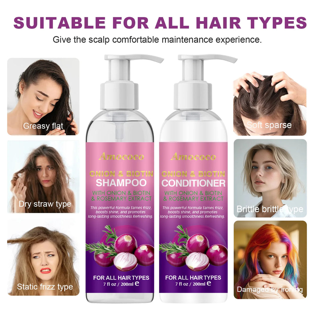 Amococo 2pcs X 200ml Shampoo and Conditioner Set with Onion Biotin Rosemary Hair Care Duo for All Hair Types Frizz Control Shine Boosting Sulfate Free