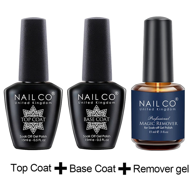NAILCO 15ml Hema TPO Free No Wipe Top Base Coat Set Art Design Gel Nail Primer Soak Off UV Gel Nail Varnish Nail Remover Gel Kit