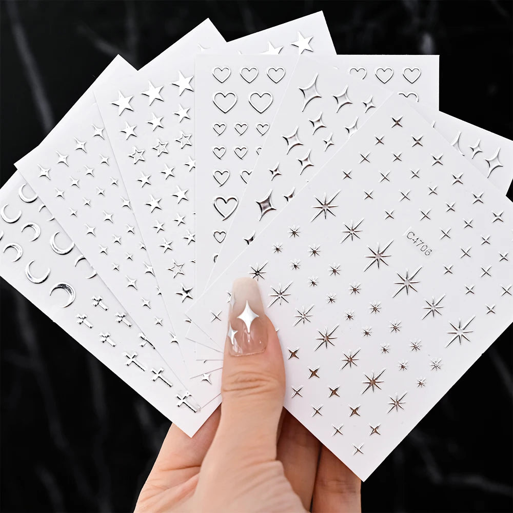 6pcs/set Metallic Silver Star/Moon/Heart Nail Sticker Y2K 3D Metal Mirror Effect Nail Decal 8*10cm Self-Adhesive Nail Decoration