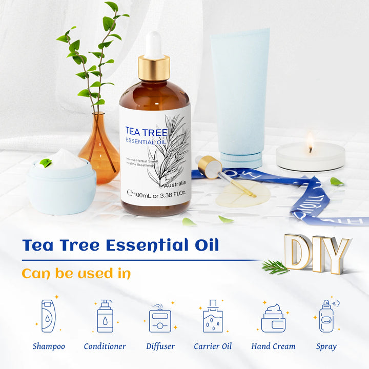 HIQILI 100% Tea Tree Essential Oil 100ml for Aromatherapy Massage DIY Beauty Skin Hair Relaxation Lavender Ginger Sandalwood