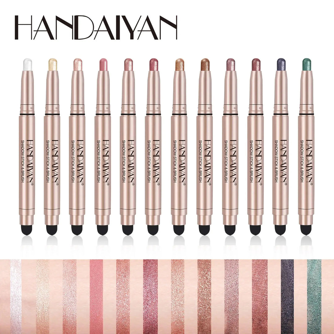 12 Colors Waterproof Eyeshadow Stick Long Lasting Metallic Shimmer Highlighter Cream Pen with Brush Double Head