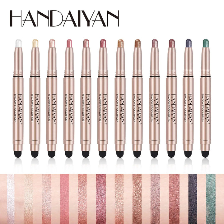 12 Colors Waterproof Eyeshadow Stick Long Lasting Metallic Shimmer Highlighter Cream Pen with Brush Double Head