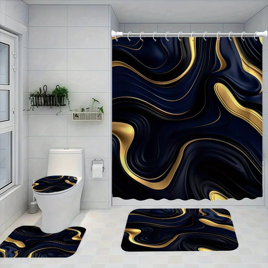 1/3 Piece Black Gold Bath Set - Ripple Shower Curtain with 12 Hooks, Non-Slip Mat and Toilet Seat, Modern Bathroom Decor