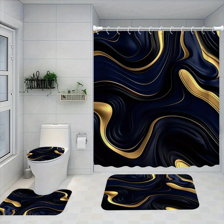 1/3 Piece Black Gold Bath Set - Ripple Shower Curtain with 12 Hooks, Non-Slip Mat and Toilet Seat, Modern Bathroom Decor