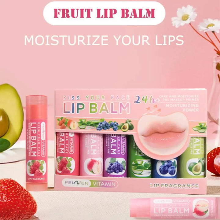 6PCs Natural Fruit Discolored Lip Balm Set Color Changing Moisturizing Lip Tint Long-Lasting Glossy Nourishing Lipstick Lip Care