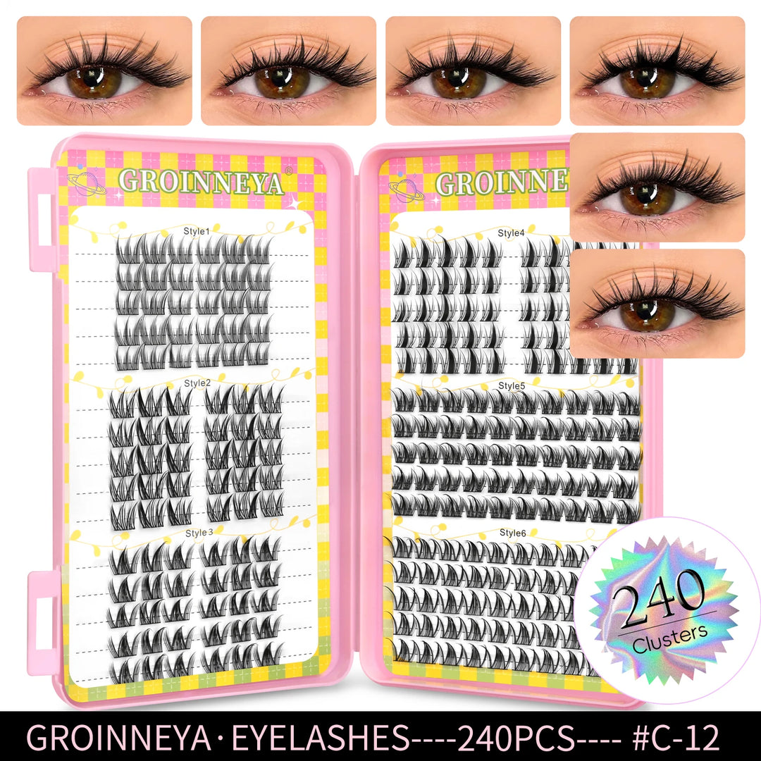GROINNEYA Eyelashes Clusters 320 pcs Natural Eyelash extension Cluster Lashes Volume Mixed Tray Lashes Cluster Natural Lashes