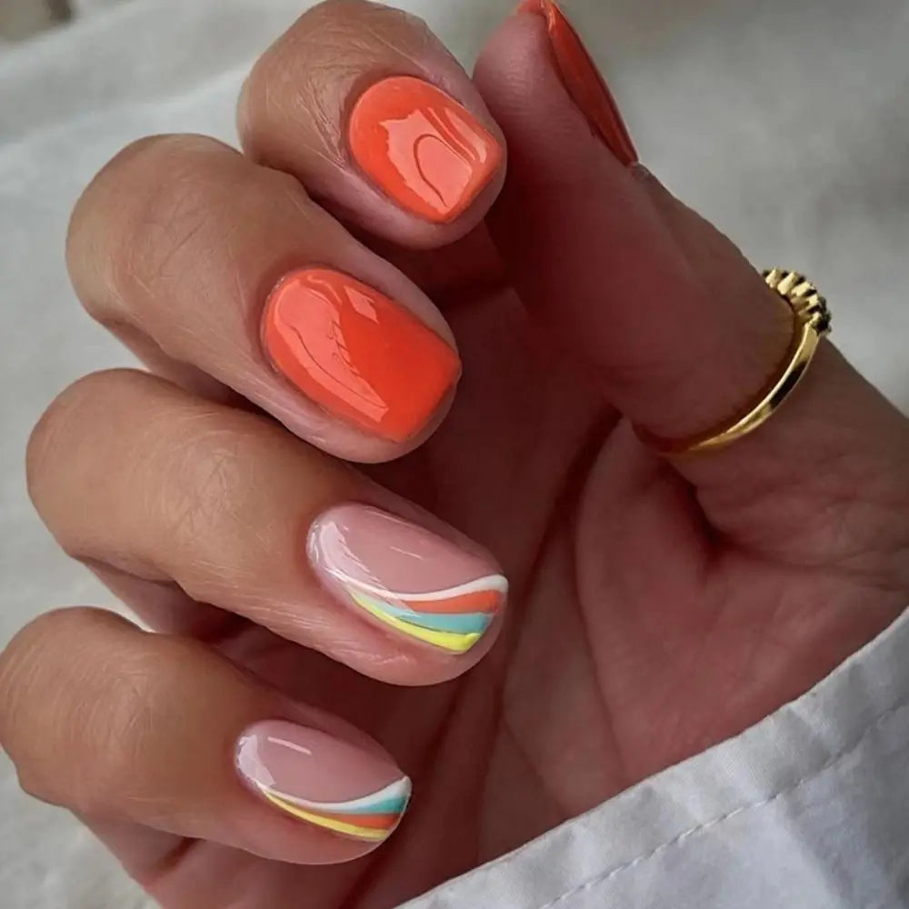Long Square False Nails White Lips Starbursts Small Flower Fake Nials French Rainbow Stripes Nail Tips DIY Nail Art Accessory