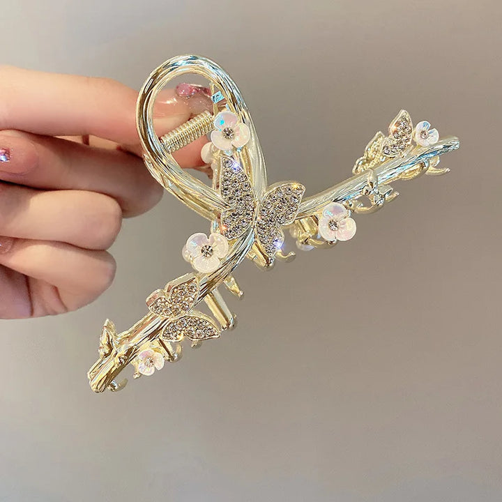Light Luxury Metal Hair Claw Clips White Flower Hair Pins Shiny Rhinestone Ponytail Holder Pearls Tassel Hair Jewelry for Women
