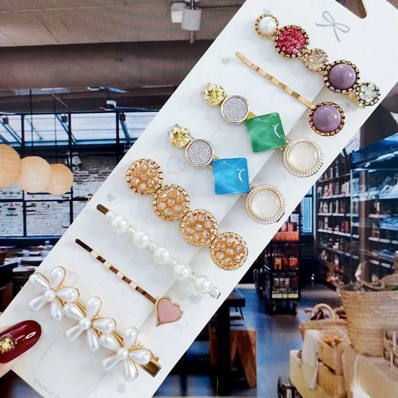 8Pcs/Set Pearl Crystal Acrylic Hair Clips Set For Women Retro Geometric Barrettes Hairpin Girl Hair Accessories Fashion Jewelry
