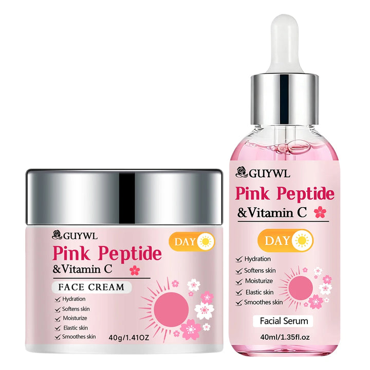 GUYWL Pink Peptide & Vitamin C Sakura & Retinol Facial Cream & Serum Set Day Night Care Combination with Niacinamide Hyaluronic