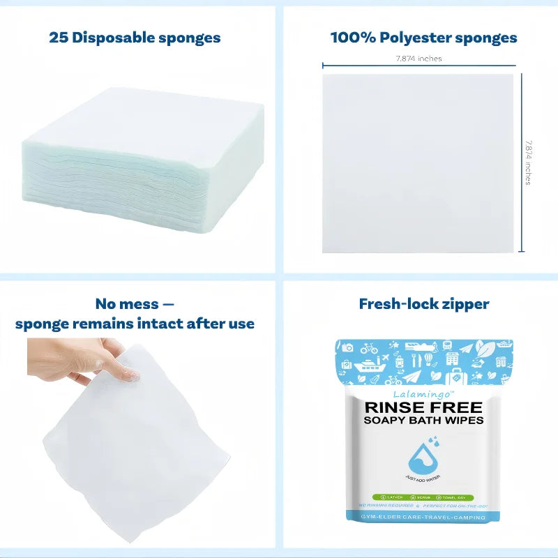 25pcs Disposable Rinse Free Bathing Wipes, Shower Wipes, Foaming Towels Simply Dampen Lather and Dry for GYM and Camping