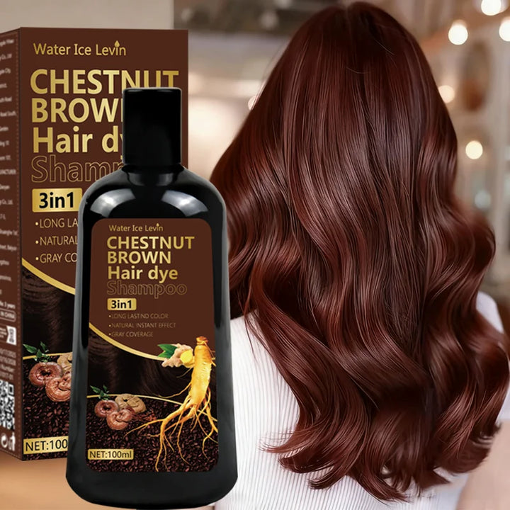 Water Ice Levin 3-in-1 Chestnut Brown Hair Dye Shampoo with Ginger & Ginseng for Instant Gray Coverage & Long-Lasting Color