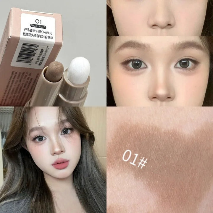 Double Head Contour Stick Bronzer with Brush Face Nose Shadow Cream Contour Pen Waterproof Lasting Contouring Makeup Cosmetics