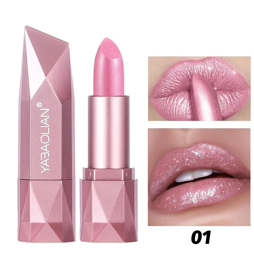 Diamond Nude Rose Pink Lipstick Waterproof Long Lasting Pearlescent Glitter Velvet Lipstick Golden Sparkle Metallic Lips Makeup