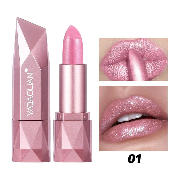 Diamond Nude Rose Pink Lipstick Waterproof Long Lasting Pearlescent Glitter Velvet Lipstick Golden Sparkle Metallic Lips Makeup