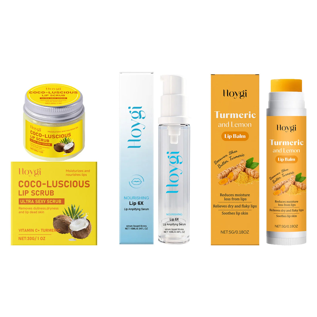 3-in-1 Lip Care Set Turmeric Nourishing Lip Balm Exfoliating Coconut Scrub & Hydrating Plumping Serum for Soft Smooth Lips
