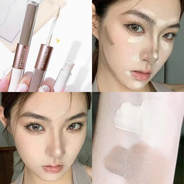 The dual-head highlighter brightens the complexion, regulates facial contours, and is long-lasting and waterproof