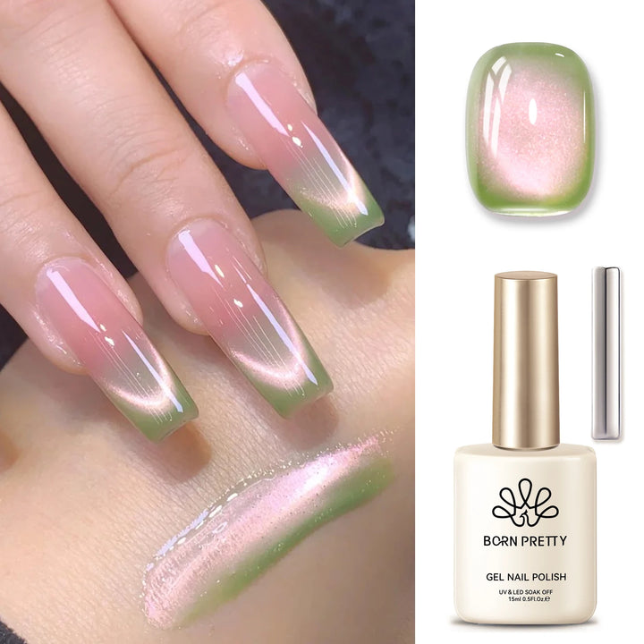 BORN PRETTY 10ml/15ml Guava Green Cat Magnetic Gel Shine  Glitter Semi Permanent Soak Off UV Varnish Nail Supplies