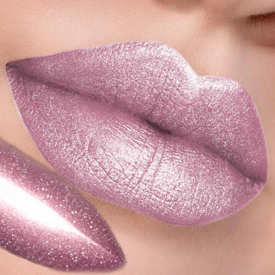 1pc Pearlescent Pink Glitter Velvet Lipstick Metallic Long Lasting Matte Shimmer Diamond Lipstick Women Korean Makeup Cosmetic