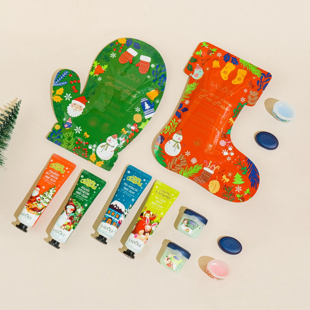 Christmas Skincare Set with Hand and Foot Mask, Lip Mask, Hand Cream, non-sticky, gentle,skincare For all skin, Christmas Gifts