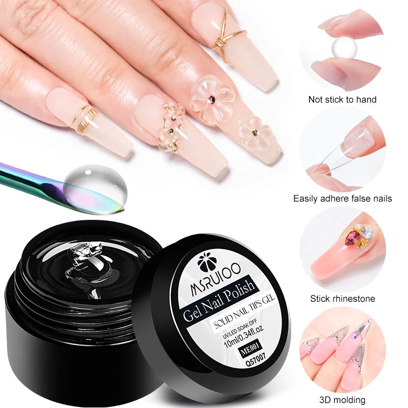 MSRUIOO 10ml Clear Solid Nail Tips Gel Long Lasting Strong Adhesion UV/LED Building Gel for Nails Home Salon Manicure DIY Design
