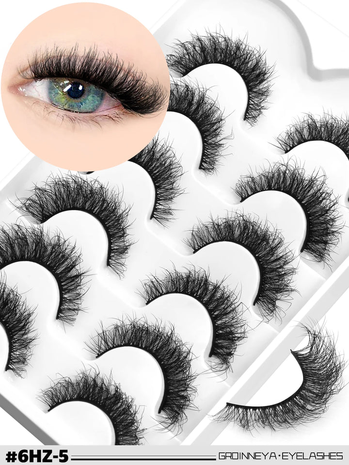 GROINNEYA 3D Mink Lashes Cat Eyelashes Fluffy Wispy Volume Lashes Natural Feathery Effect Lightweight Flexible Band Fake Lashes