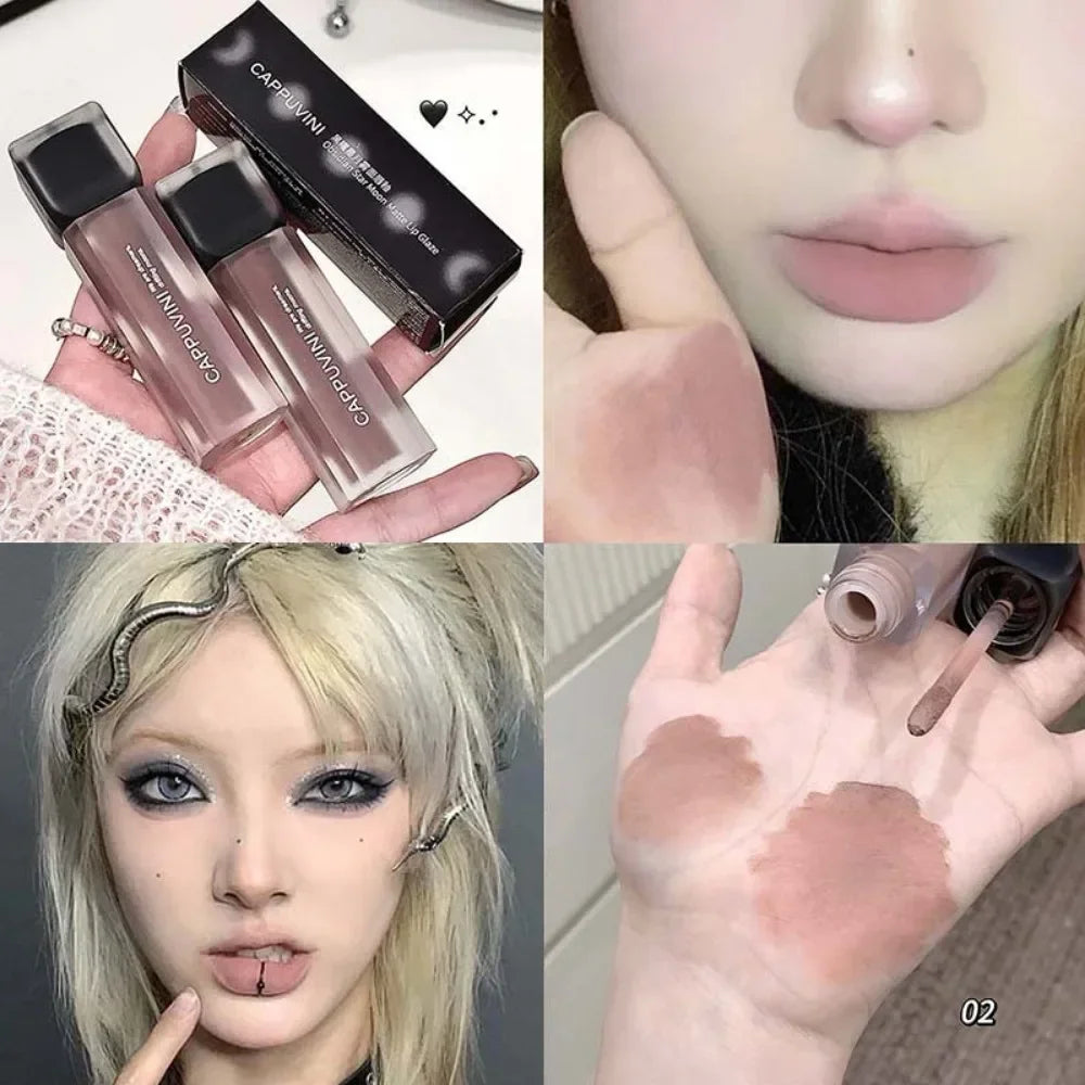 Punk Black Gothic Lip Gloss Matte Dark Brown Lipstick Nude Lip Tint Waterproof Velvet Liquid Lipstick Lip Satin Korean Cosmetics