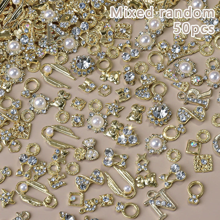 50Pcs 3D Mixed Random Luxury Nail Charms Metal Gold/Silver Butterfly/Bowknot Nail Art Decoration With Crystal Manicure Jewelry